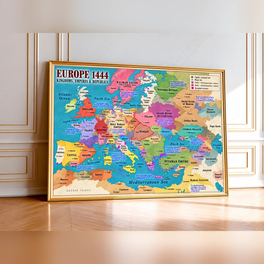 Framed Medieval Europe 1444 map wall art print with colorful regions and borders