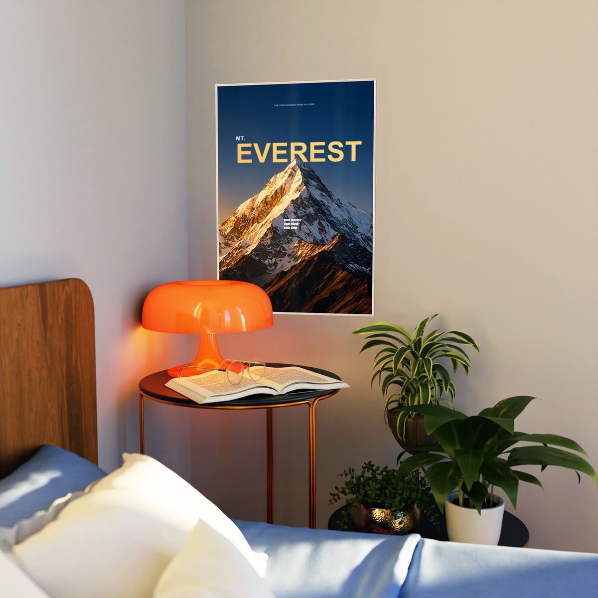 Golden light on a snowy Everest summit with yellow lettering on dark navy; artwork styled in a living room