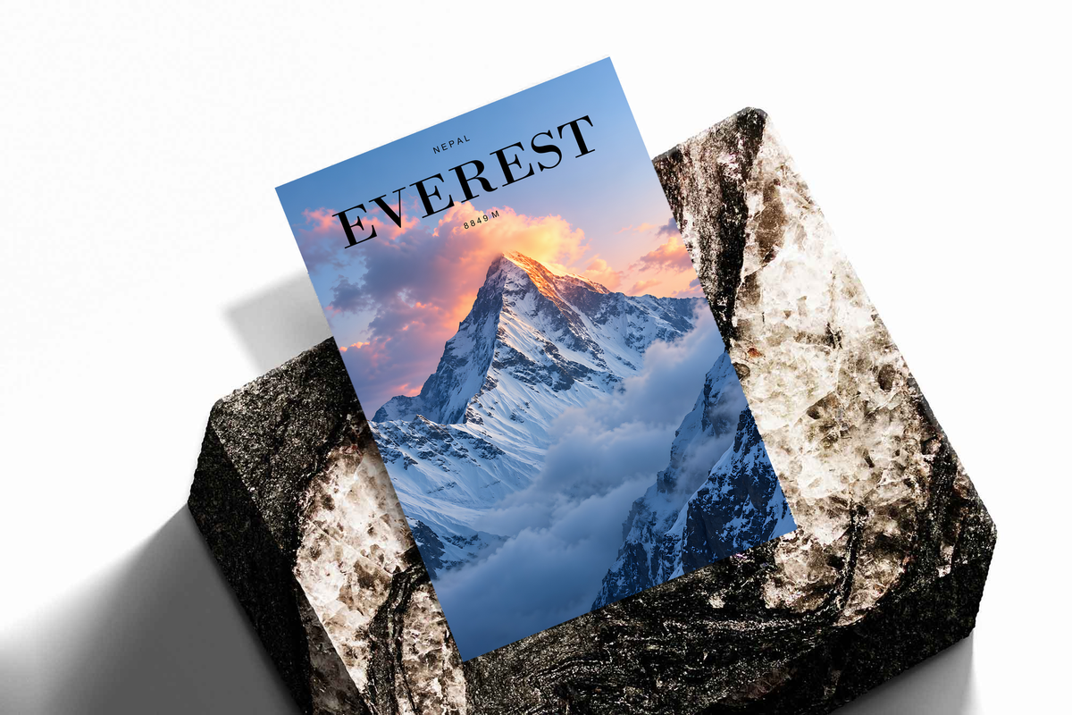 Snowy Everest peak rising through pink sunrise clouds; unframed print on a stone display