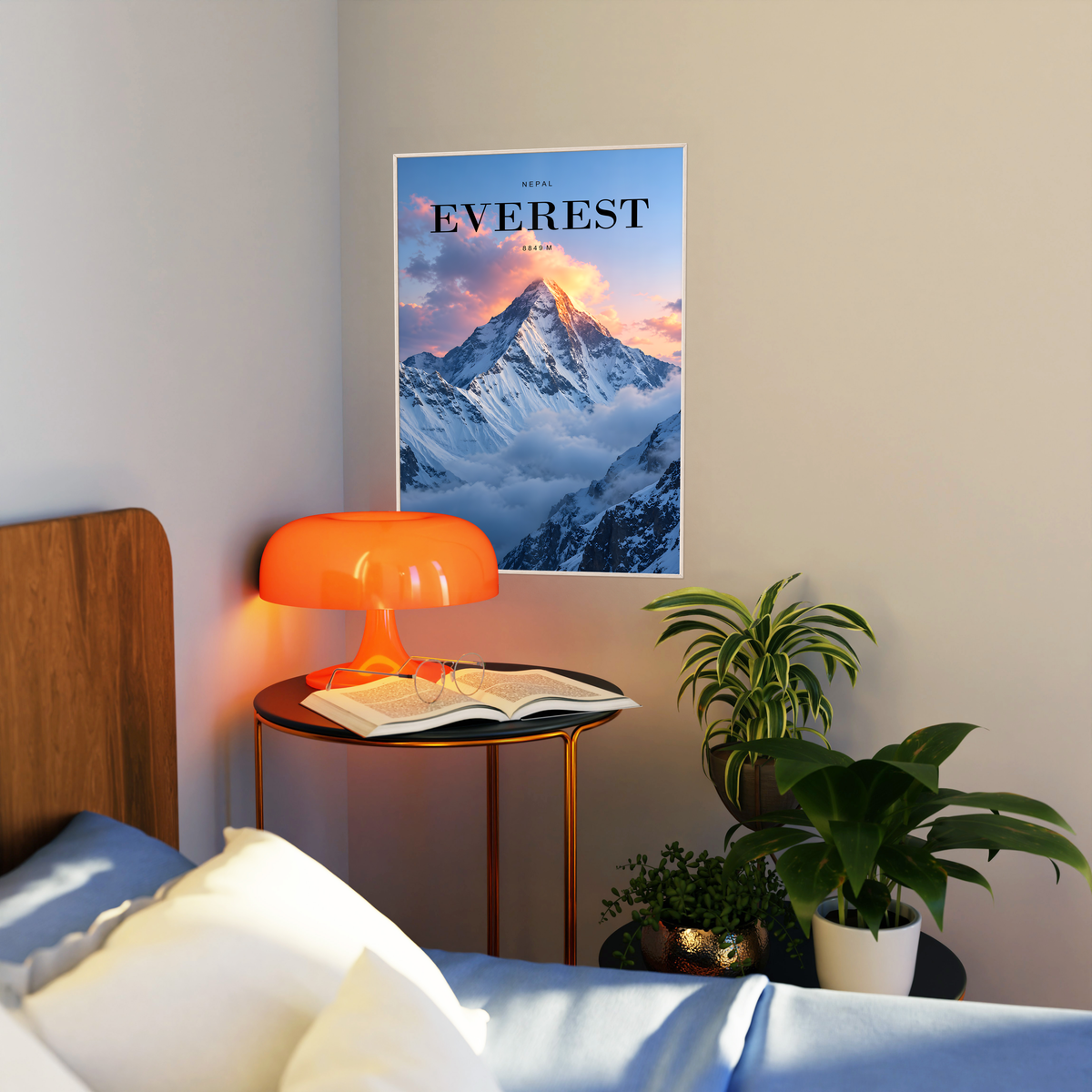 Snowy Everest peak rising through pink sunrise clouds; artwork styled in a living room