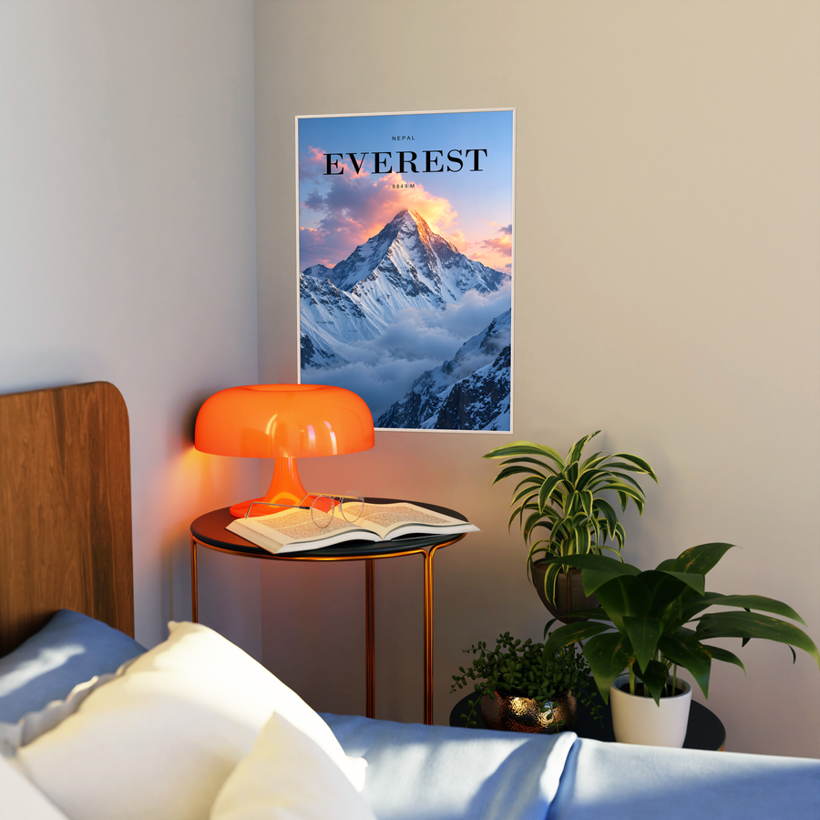 Everest poster with blue snowy peaks and pink sunrise, white border