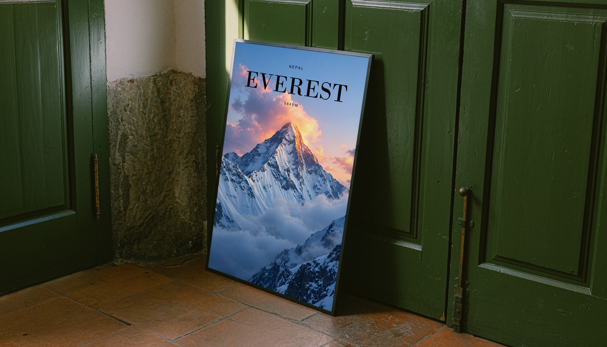Snowy Everest peak rising through pink sunrise clouds; unframed canvas styled by a green doorway