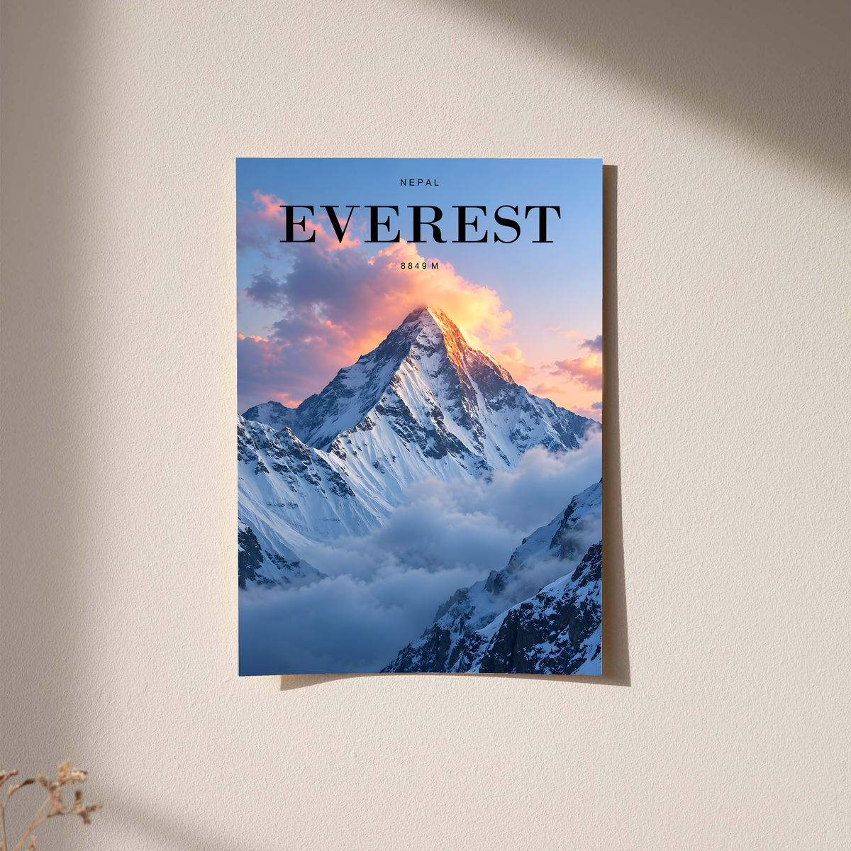 Snowy Everest peak rising through pink sunrise clouds; unframed print on a wall