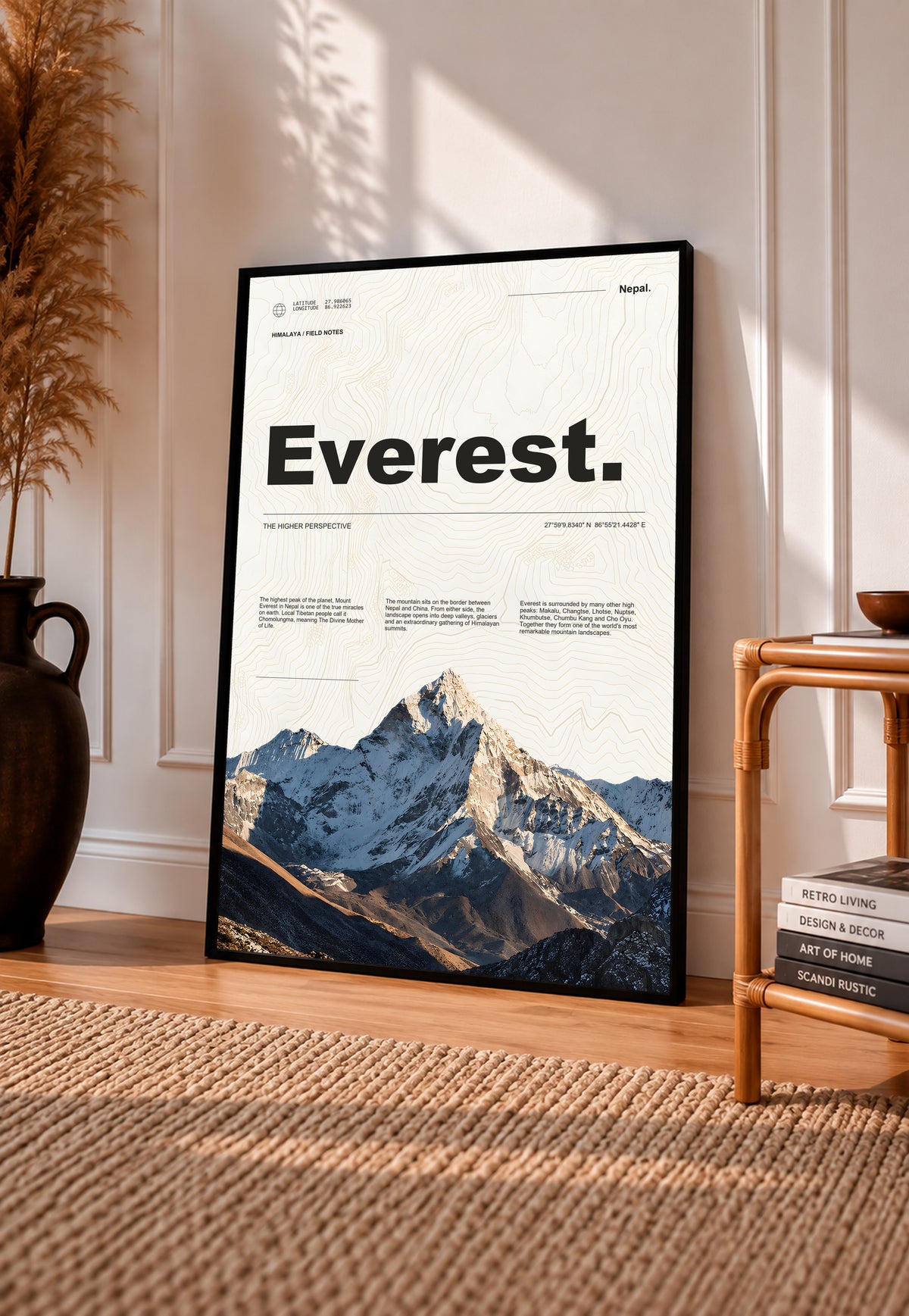 Black-framed Everest poster featuring topographic lines, expedition text, and mountain photography.