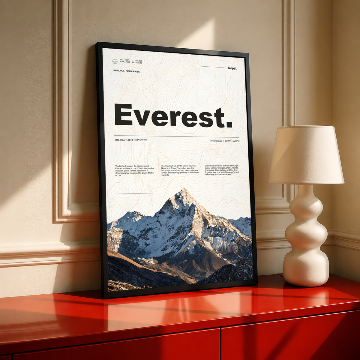 Everest topographic poster in a black frame, with mountain photography and expedition typography.