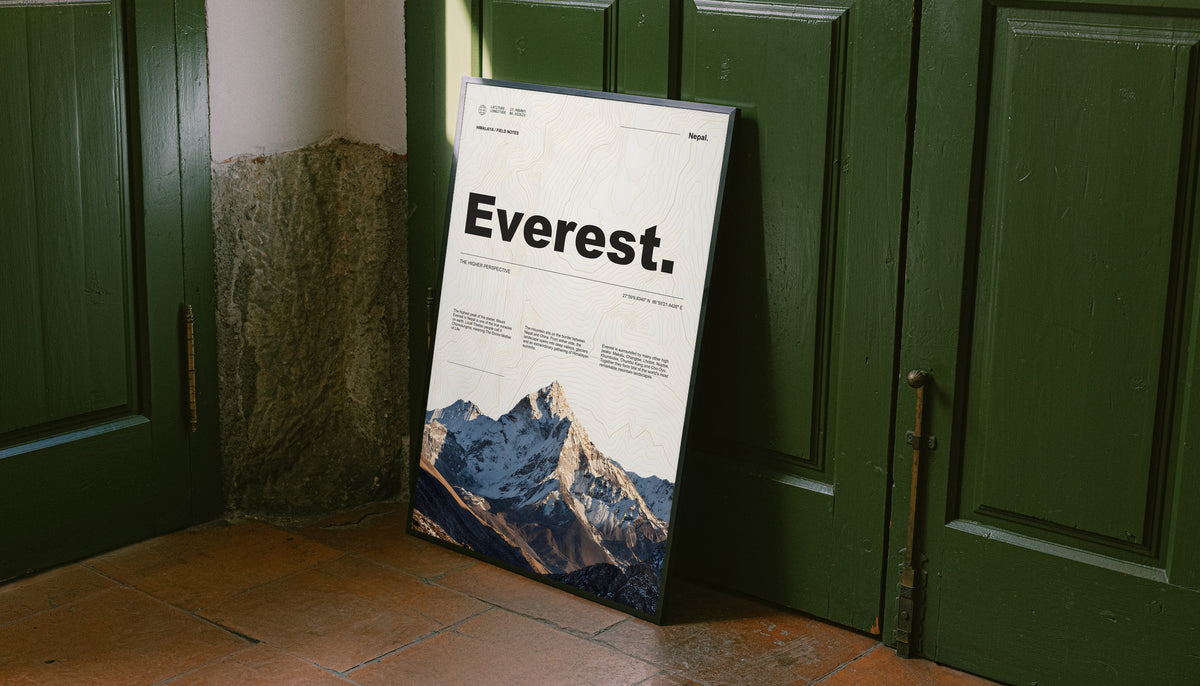 Everest mountain poster with topographic lines and expedition typography in a slim dark frame.