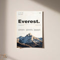 Everest topographic poster with mountain photography and expedition typography, unframed.