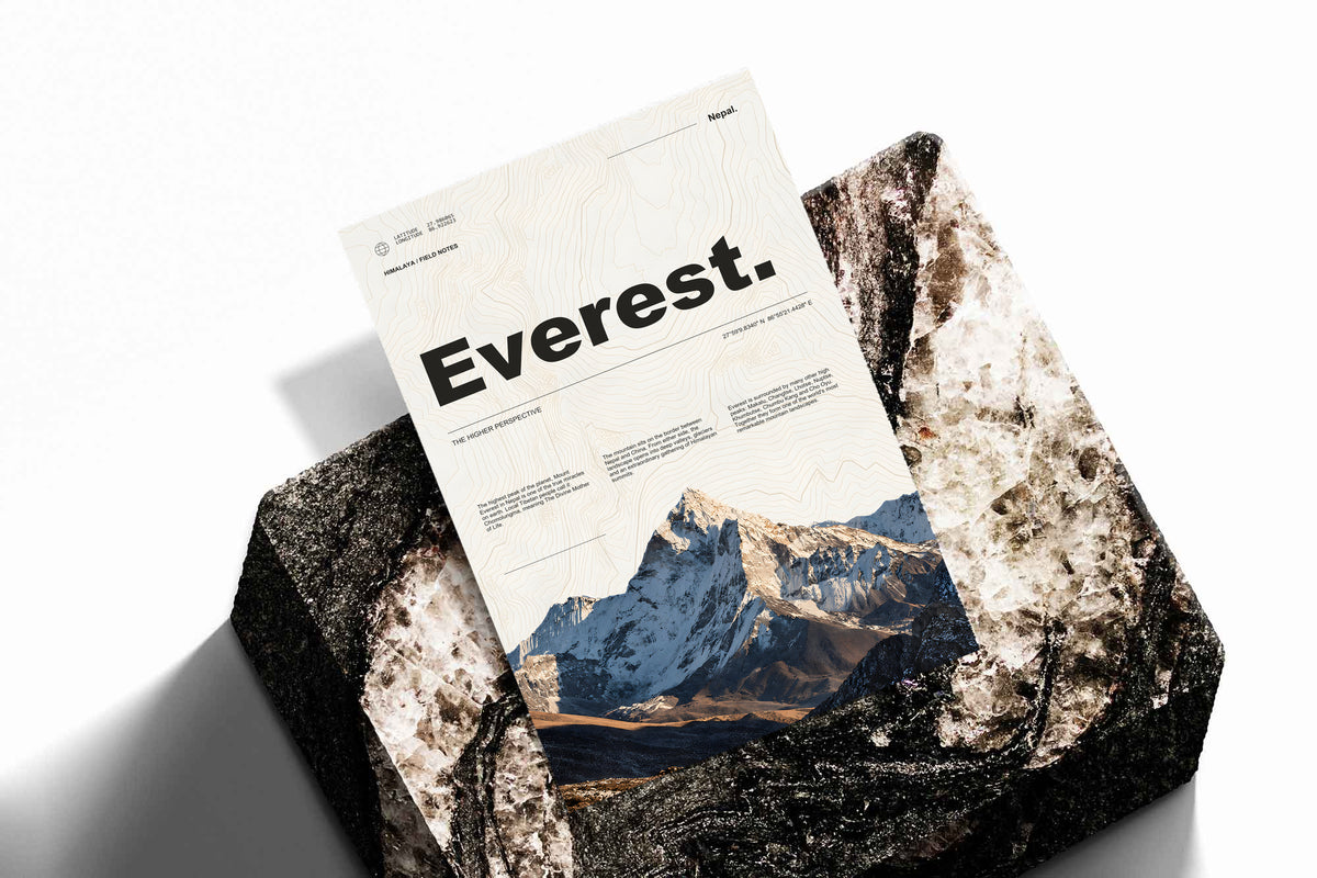 Everest topographic poster with mountain photography and expedition typography, shown unframed.