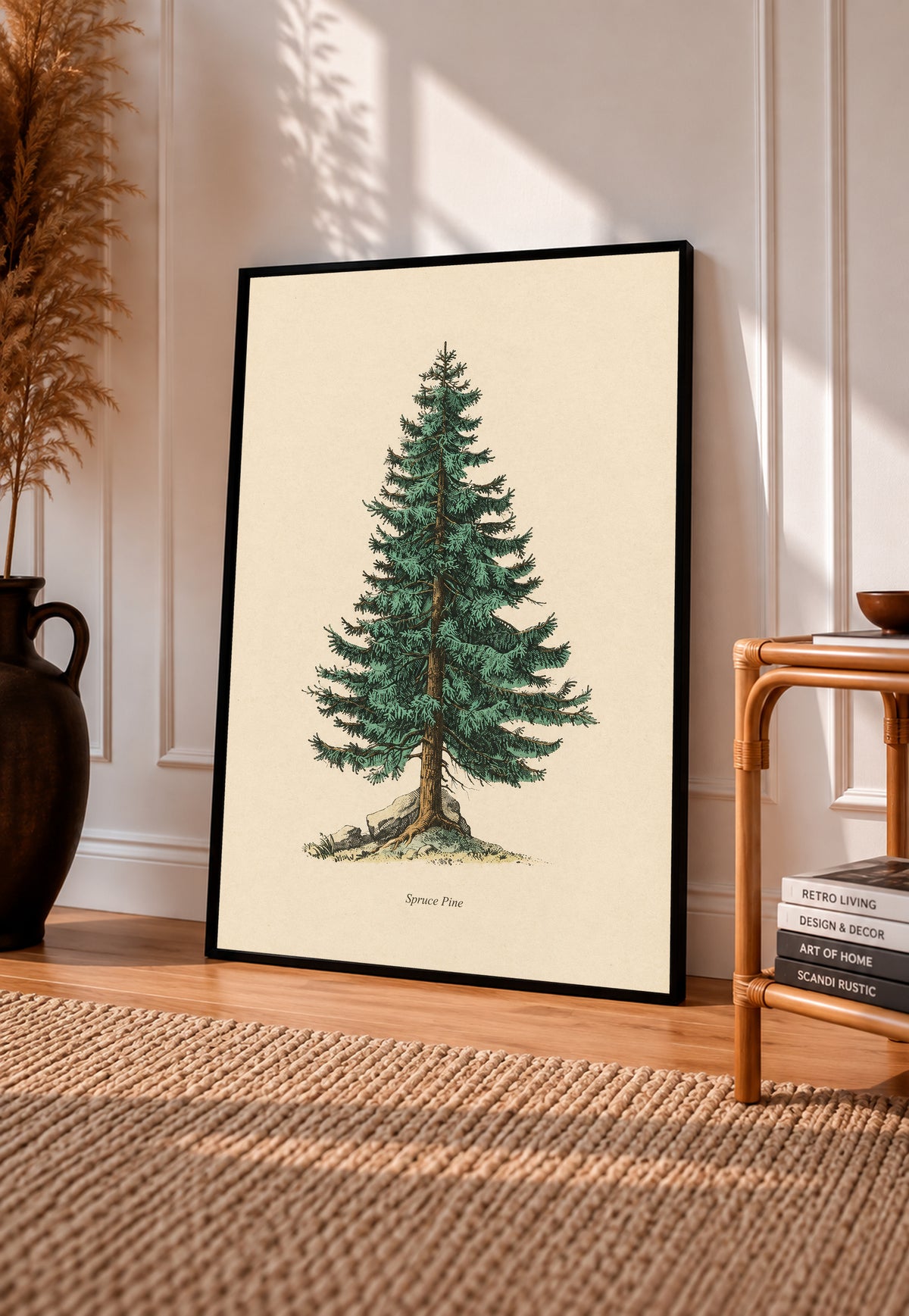 Single green evergreen tree on cream with a printed Spruce Pine caption in a black frame leaning on a sunlit wooden floor beside books and a rattan seat