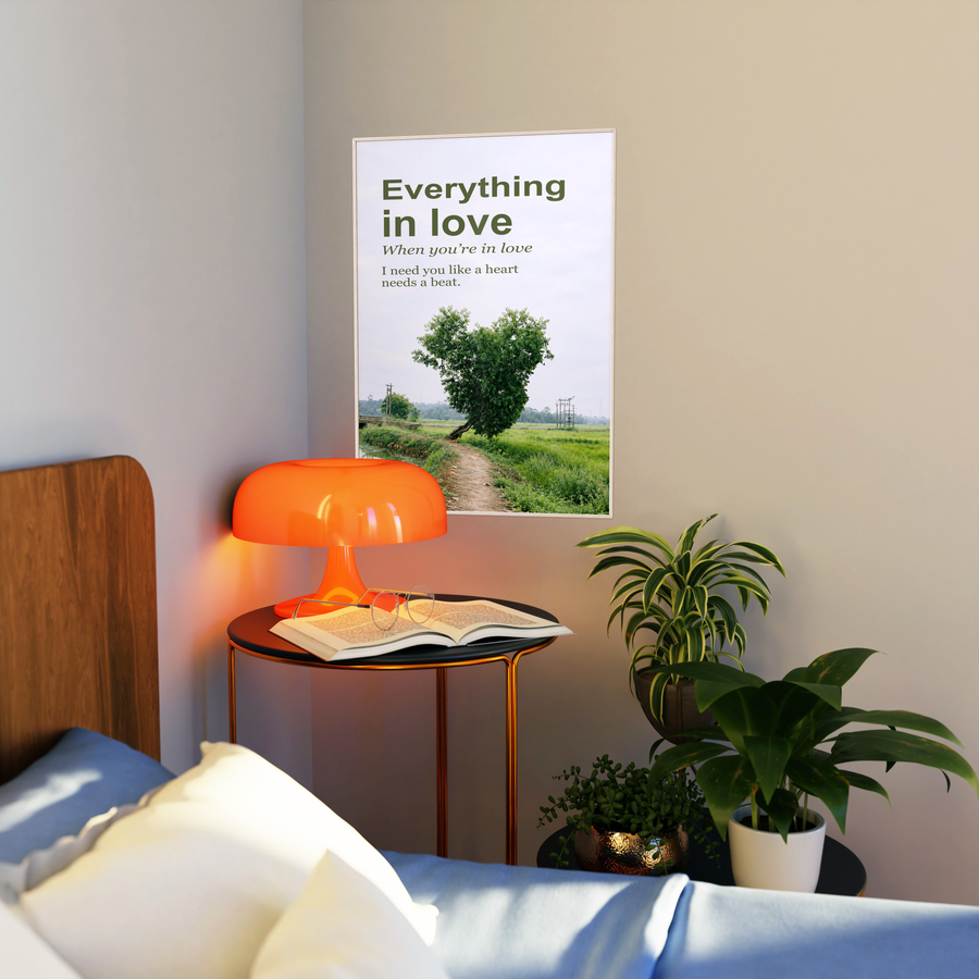 Framed love poster with heart-shaped green tree over a green countryside path