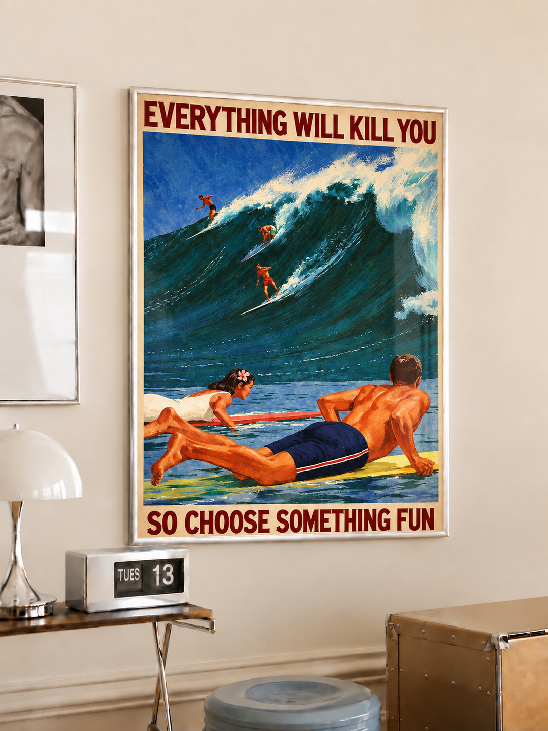 Retro surf wall art poster with surfers, waves, and 'SO CHOOSE SOMETHING FUN'.