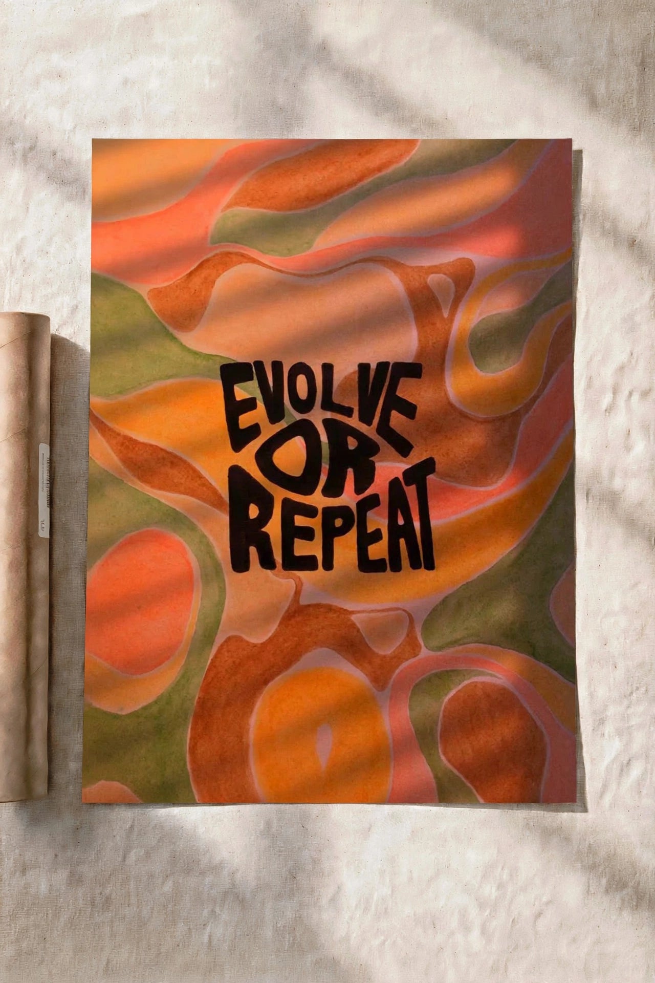Evolve Or Repeat wall poster with orange abstract wave pattern and bold black text