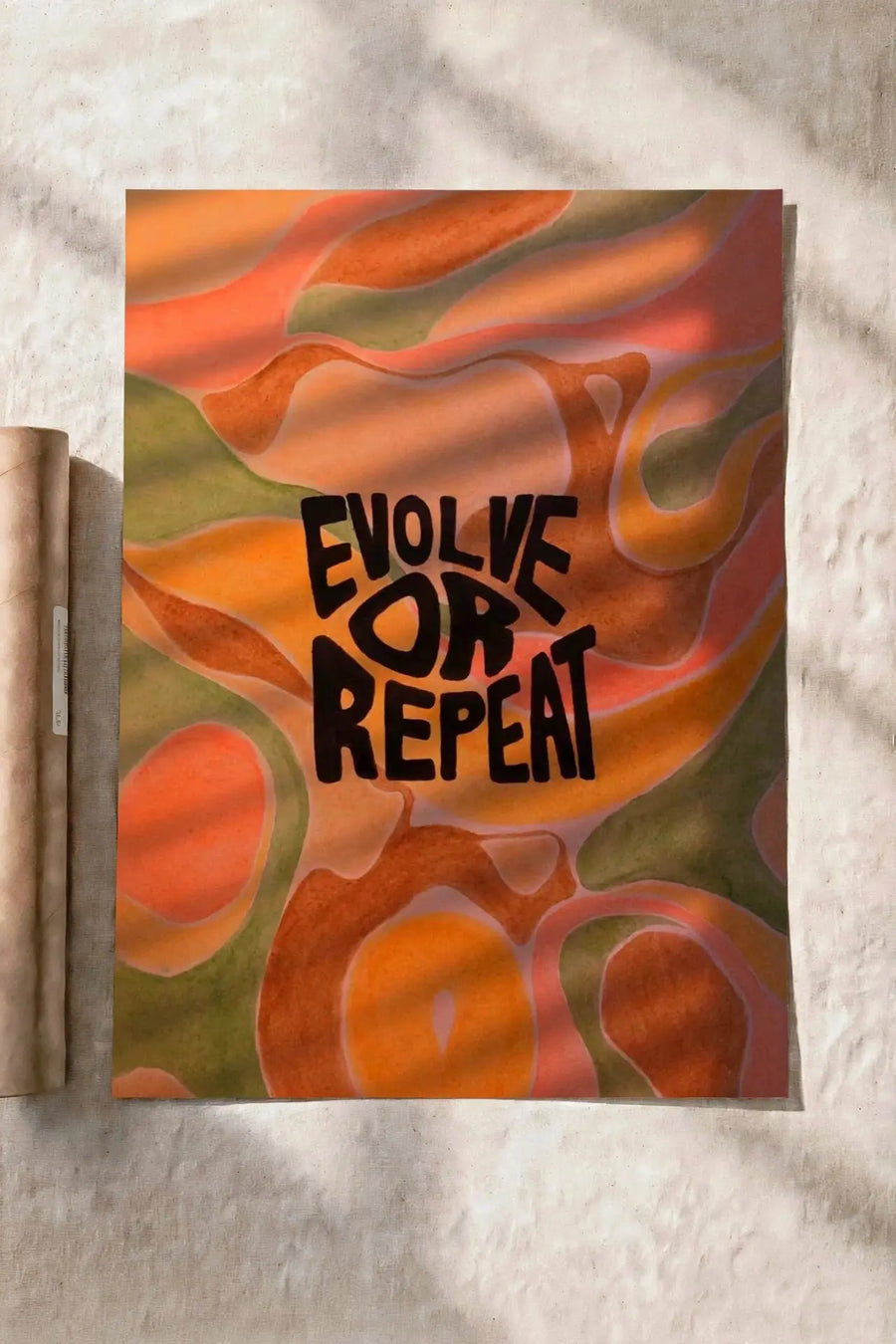 Evolve Or Repeat wall poster with orange abstract wave pattern and bold black text