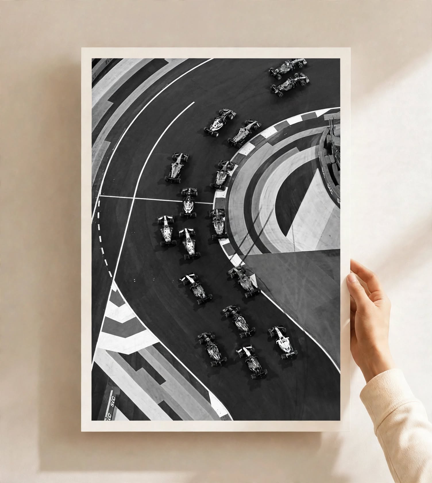 F1 Circuit Art Print styled as monochrome motorsport wall decor for a modern automotive space