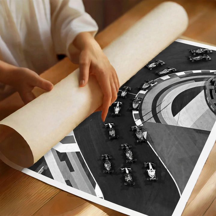 F1 Circuit Art Print highlighting the movement and formation of cars around a curved racing track