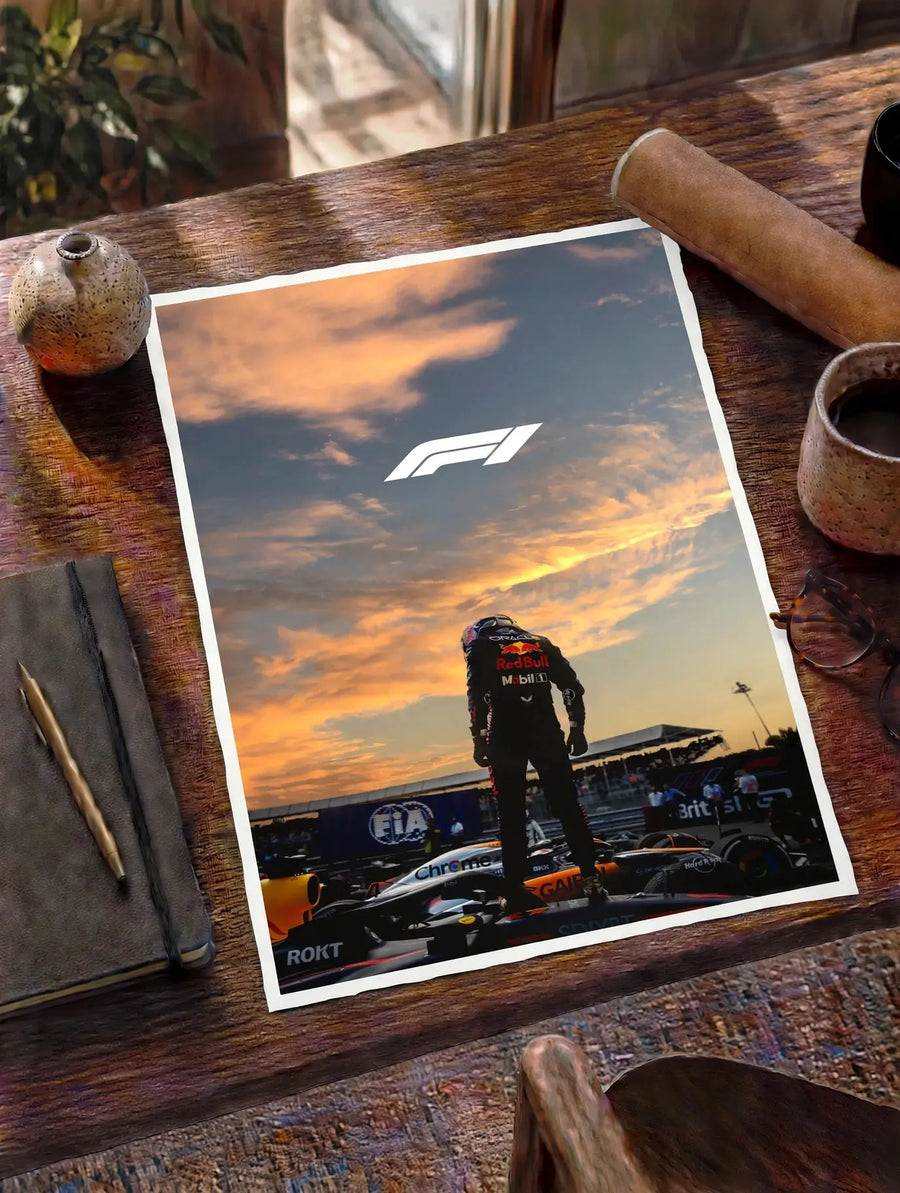 Grand Prix art print on wooden table, F1 logo over race car and driver at sunset