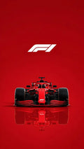 Póster rojo de Fórmula 1 con logotipo F1 blanco y coche de carreras rojo de frente con reflejo