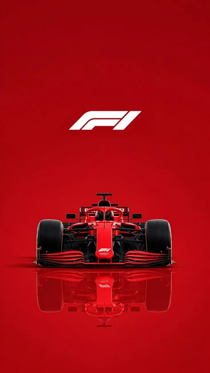 Formula 1 poster print close-up: F1 logo and red race car front with reflection