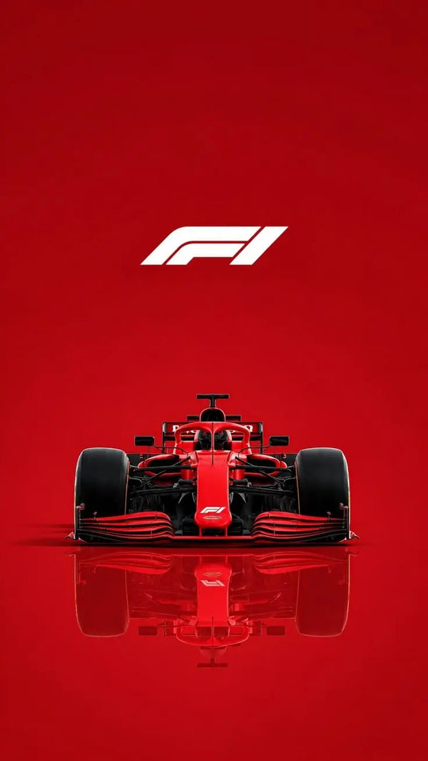 Formula 1 poster print close-up: F1 logo and red race car front with reflection