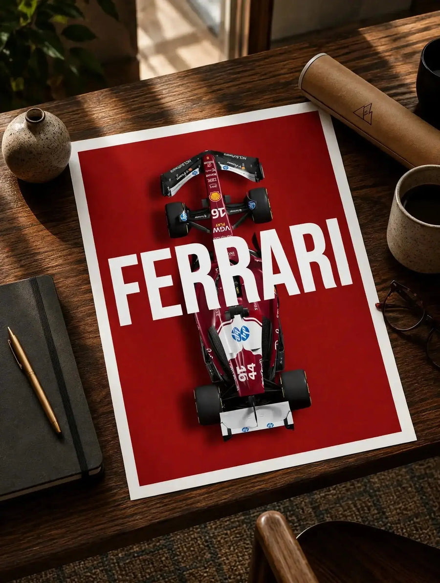Racing car print with FERRARI text on red background, front view with white border