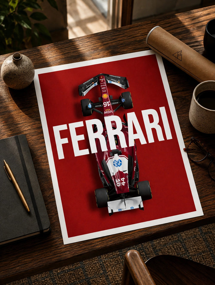 Framed racing car print with black and red Formula car and 'FERRARI' lettering on red