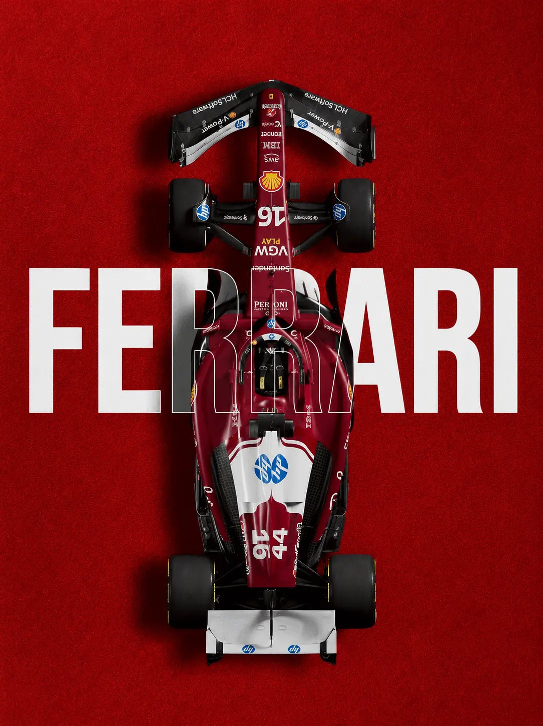 Racing car print with FERRARI text on red background, centered front view