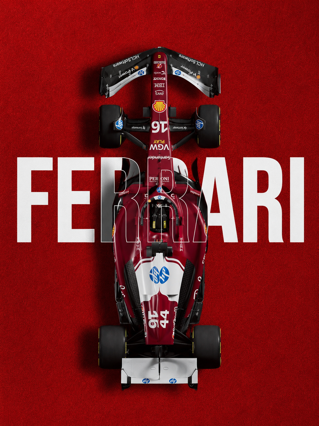 Racing car print with black and red Formula car and 'FERRARI' text on red background