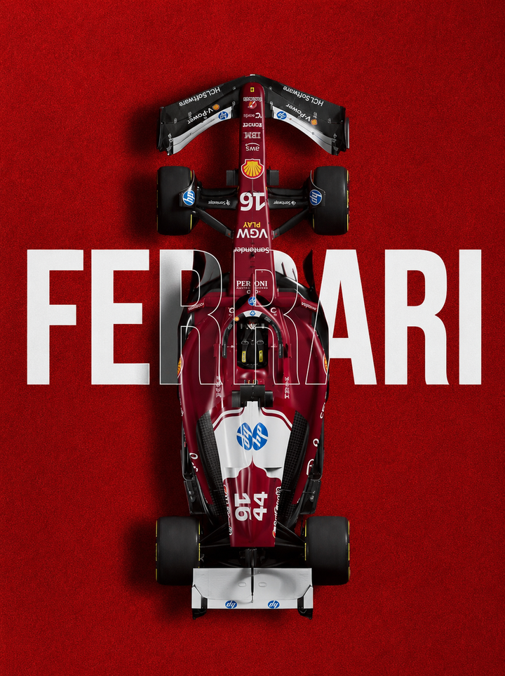 Racing car print with black and red Formula car and 'FERRARI' text on red background