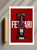 Racing car print with FERRARI text on red background, front view in a white frame