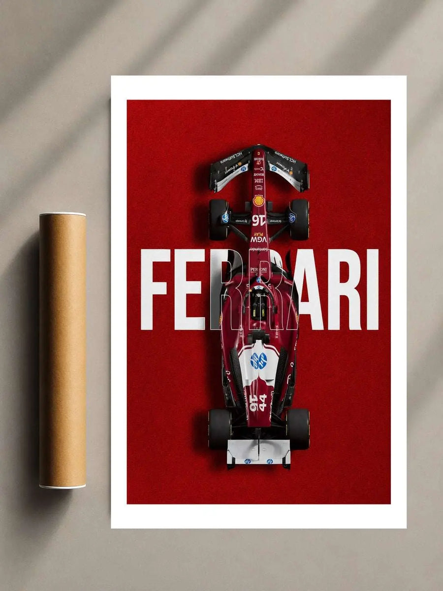 Racing car print with FERRARI text on red background, front view in a white frame
