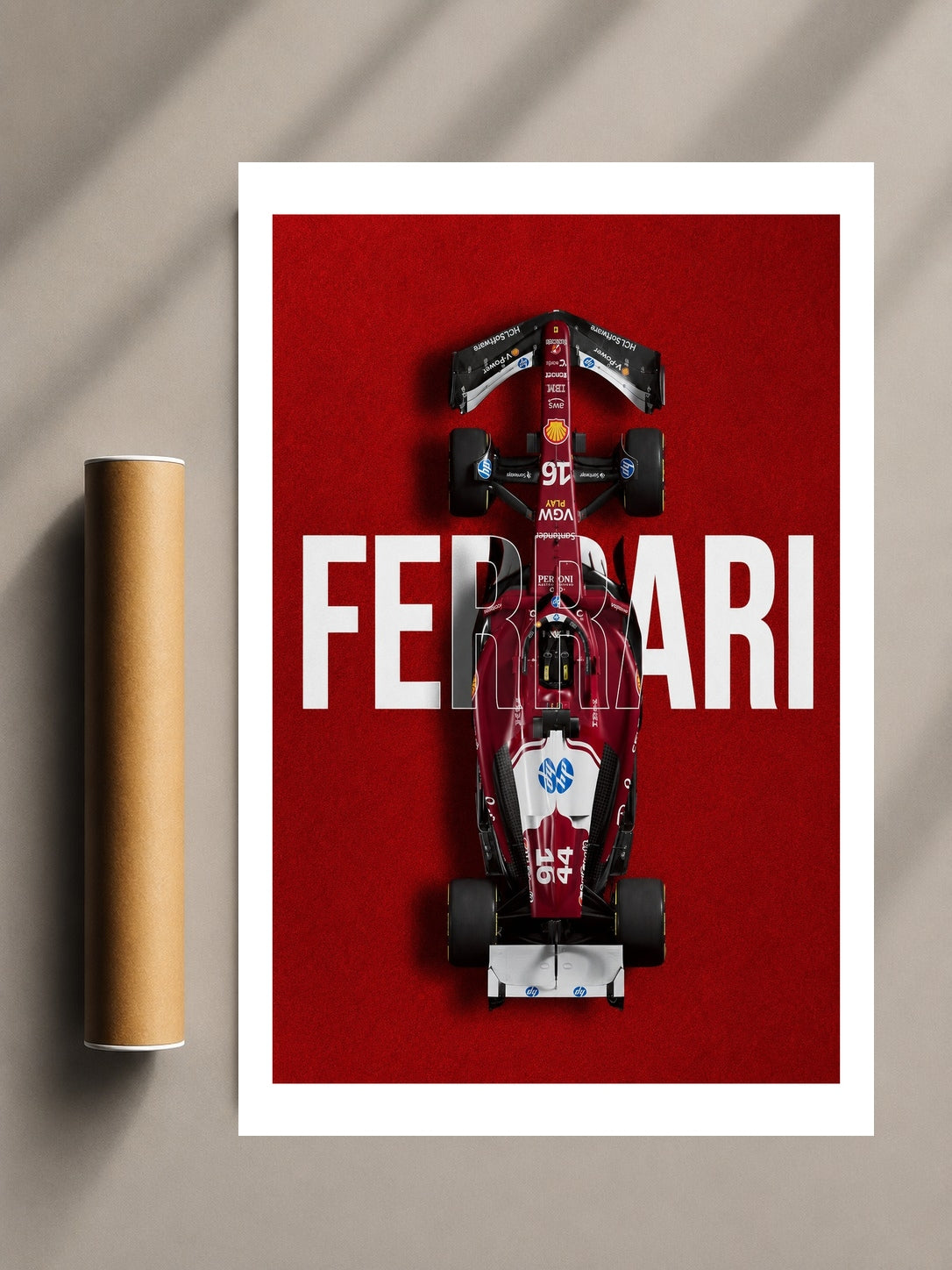 Framed poster featuring black and red Formula car with 'FERRARI' lettering on red