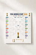 FIFA World Cup 2026 bracket poster shown lying flat, with gold trophy icons