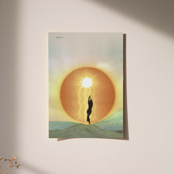 Figure reaching toward a glowing sun as an unframed print against a pale plaster wall with soft shadows