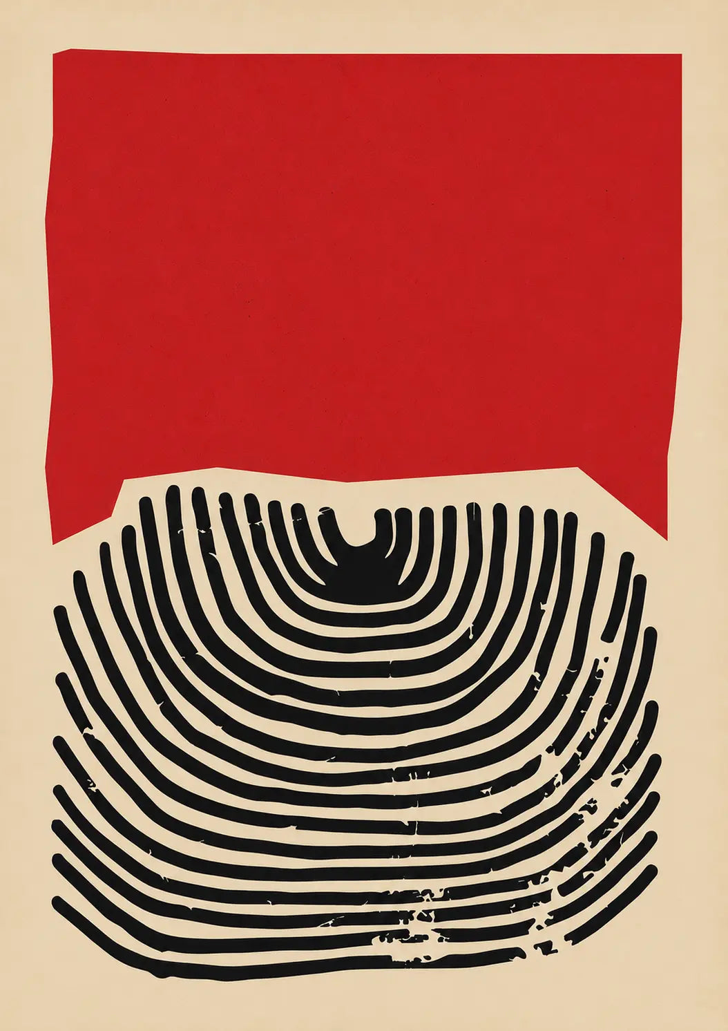 Fingerprint lines abstract art print with red top area and bold black curved stripes.