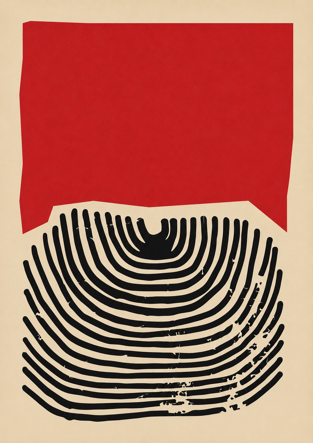 Abstract fingerprint line artwork in black, red and cream