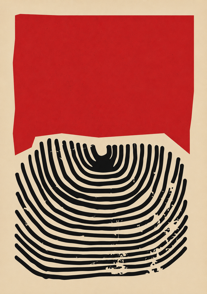 Abstract fingerprint line artwork in black, red and cream