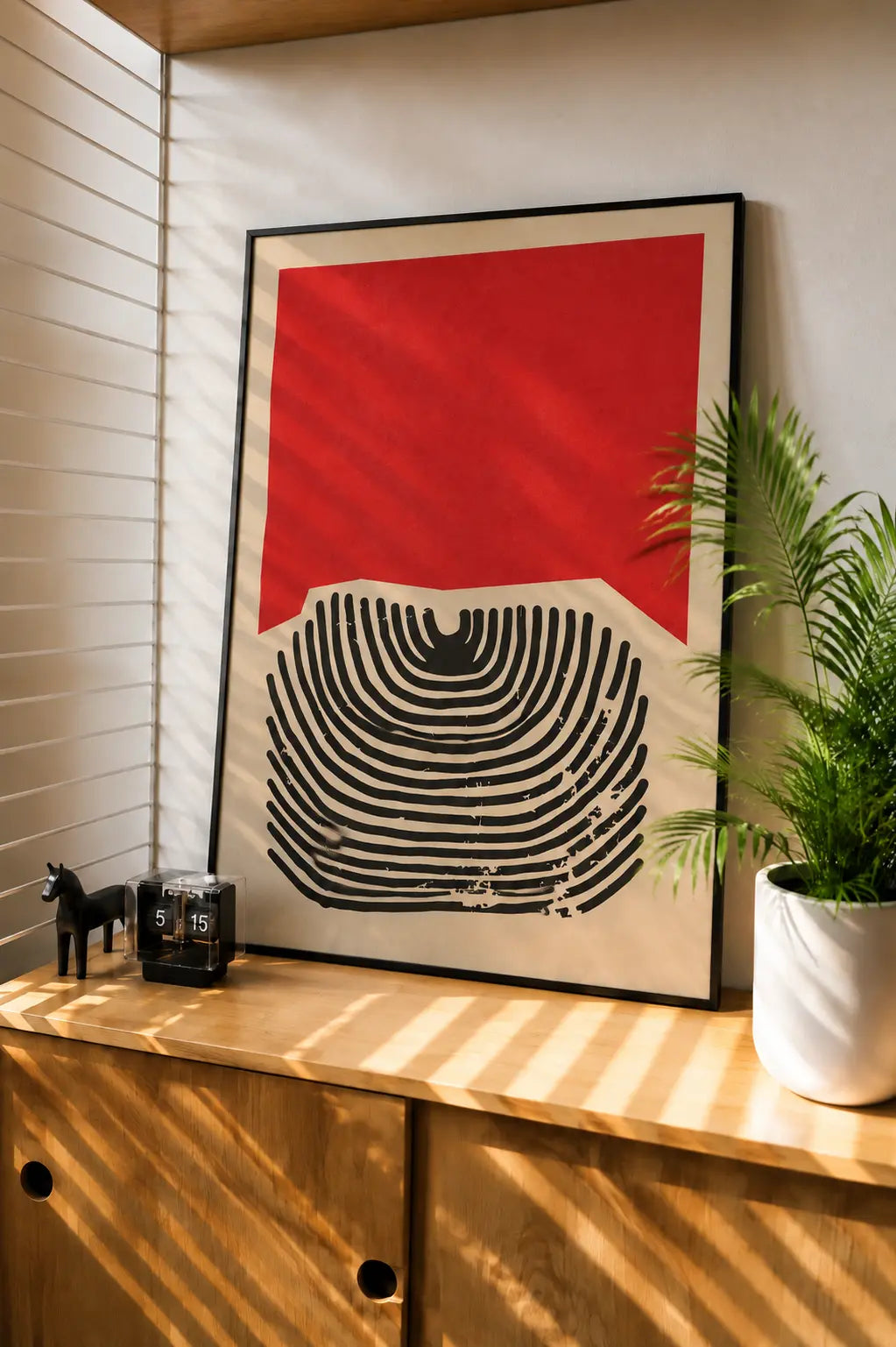 Framed fingerprint lines abstract art print with red and black geometric shapes.