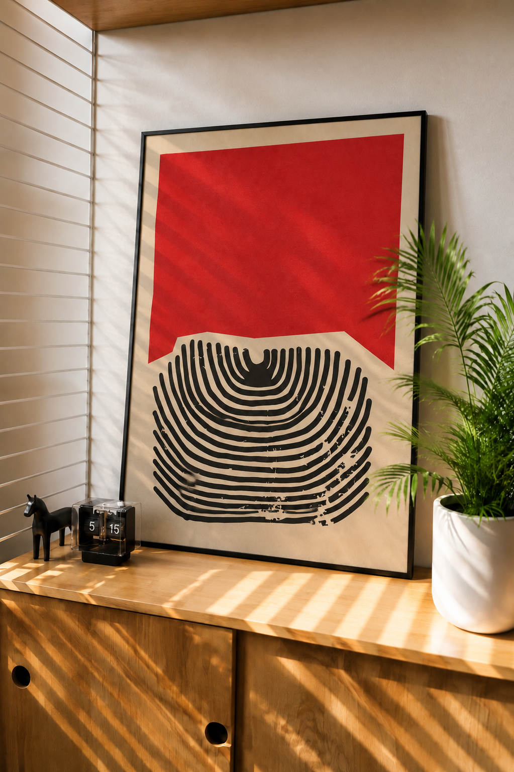 Fingerprint lines abstract art print displayed in a contemporary room