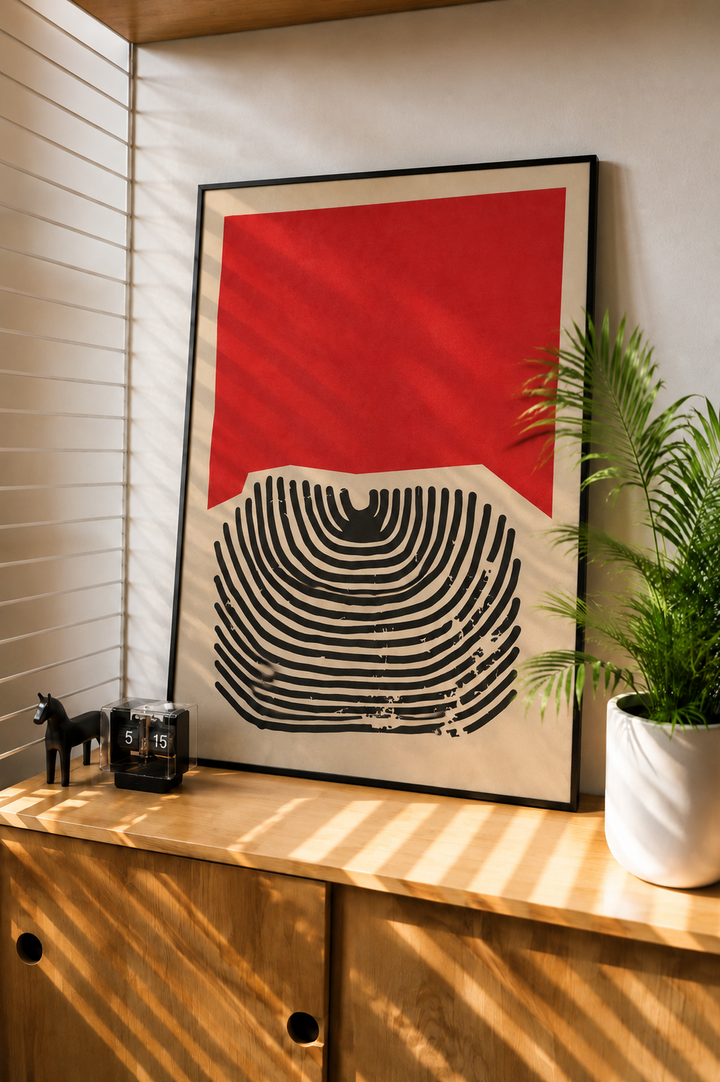 Fingerprint lines abstract art print displayed in a contemporary room