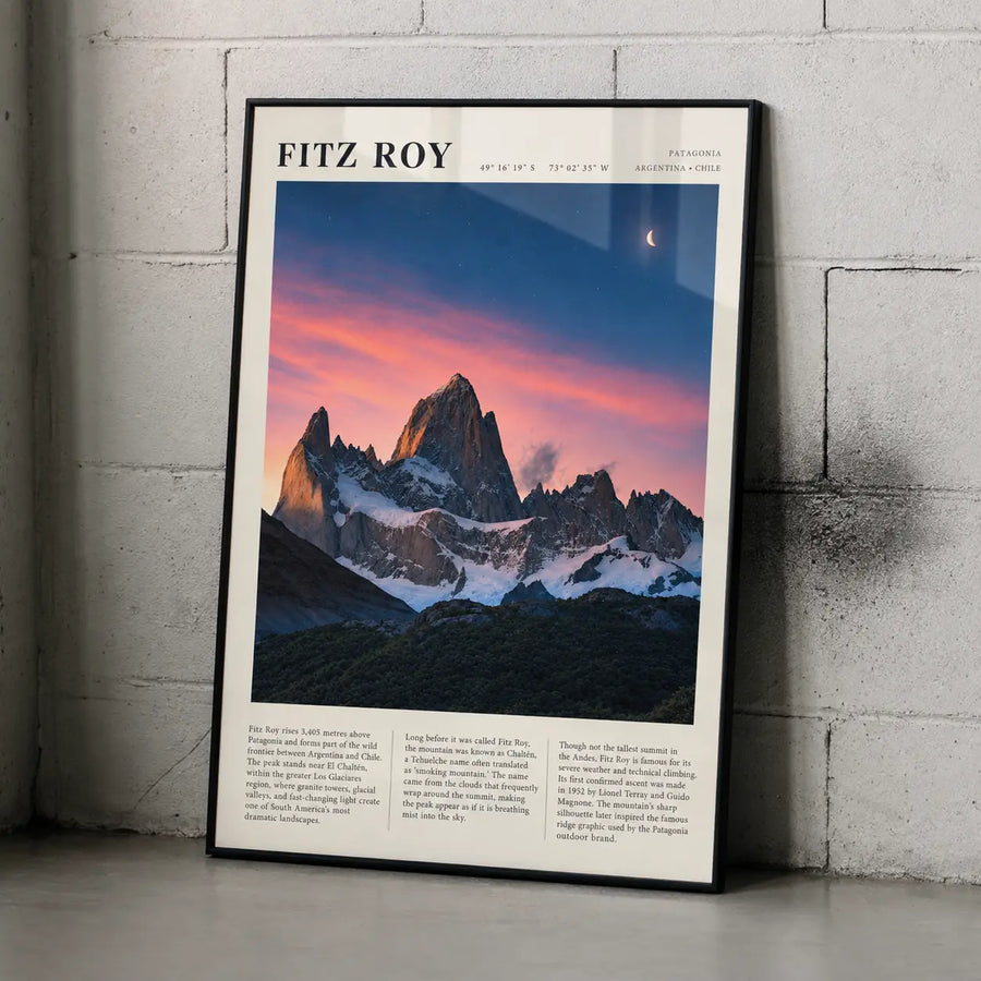 Fitz Roy Art Print displayed in a black frame with sharp mountain silhouettes and colorful Patagonia sunset scenery