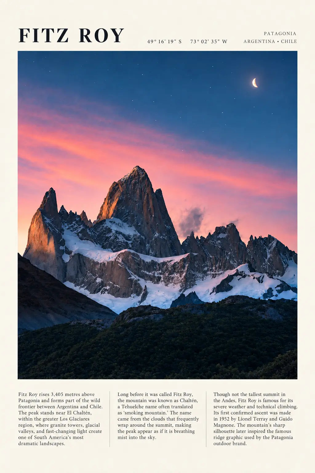 Fitz Roy Art Print featuring iconic Argentina mountain scenery with deep blue peaks, warm evening light and editorial typography