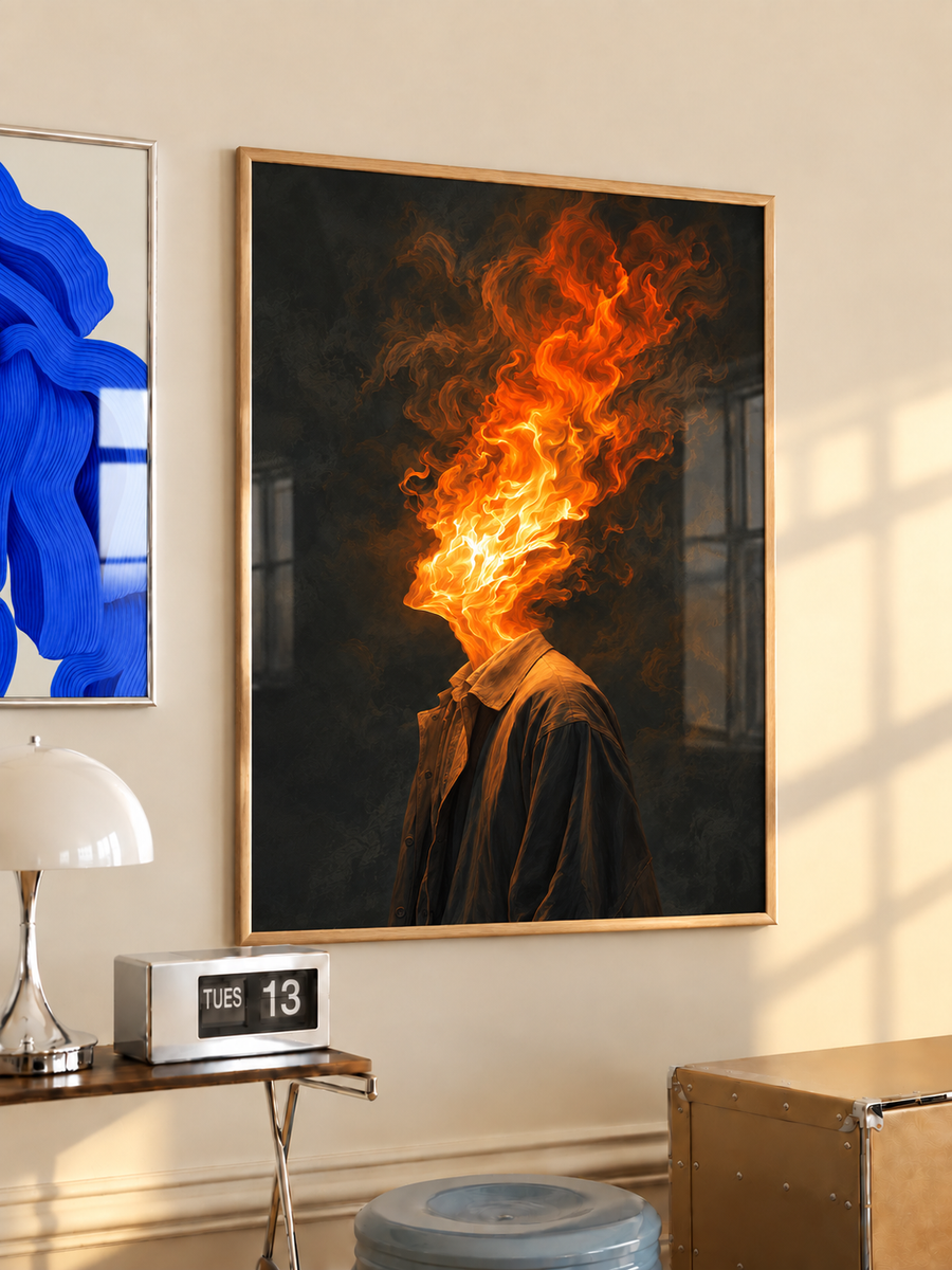 Flaming Head Surreal Portrait Wall Art Poster styled interior mockup