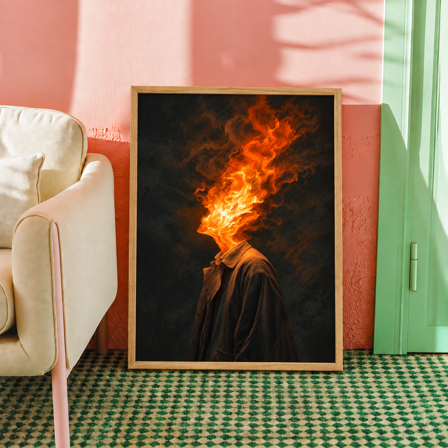 Flaming Head Surreal Portrait Wall Art Poster framed home decor mockup