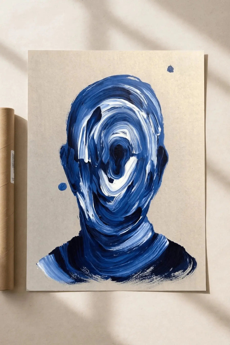 Abstract portrait print with blue brushstroke face on cream paper