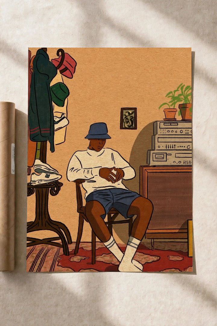 Listening room wall art print with seated man, radio console, and plant in illustrated interior scene