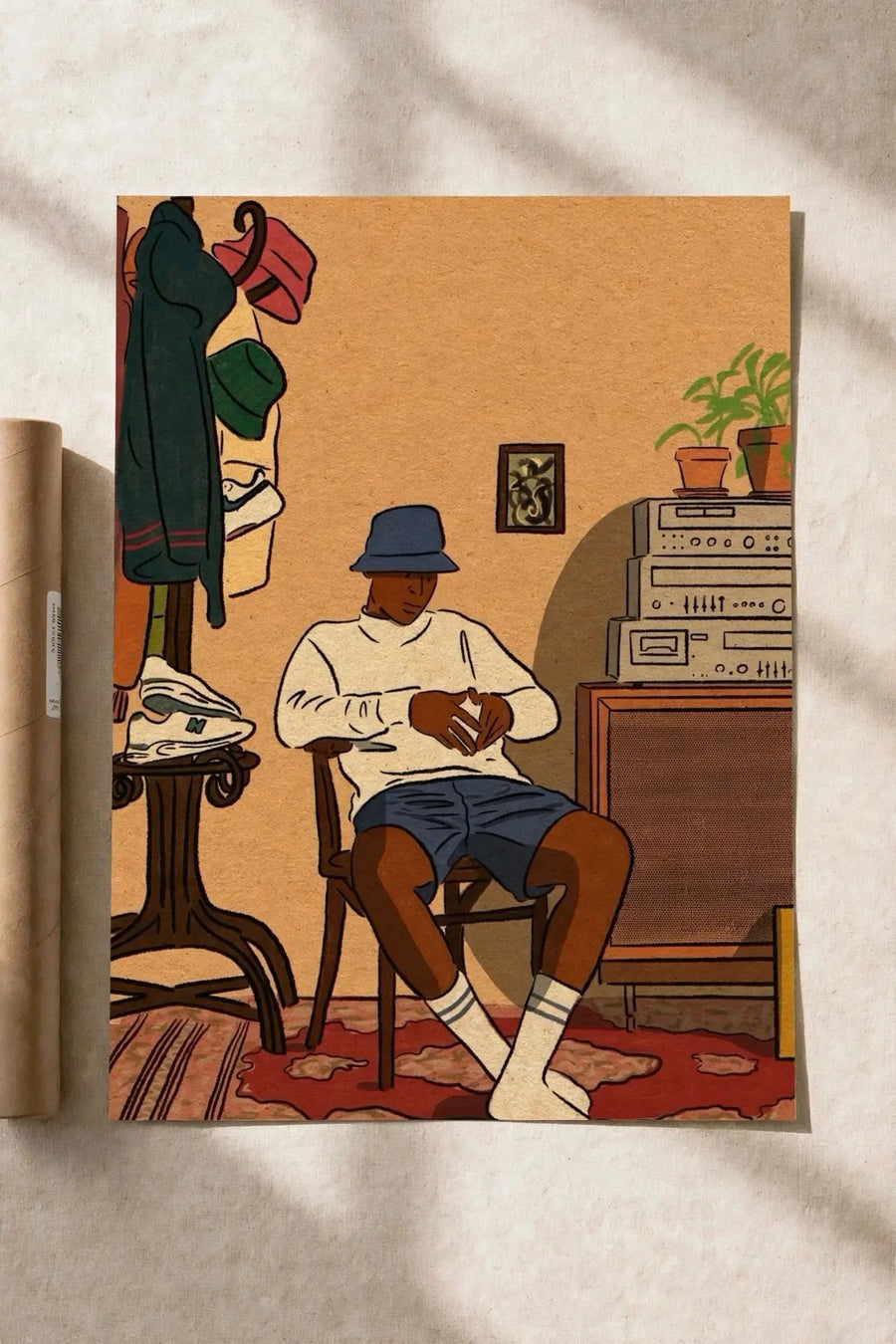 Listening room wall art print with seated man, radio console, and plant in illustrated interior scene