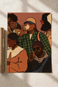 City Faces poster with stylized crowd portraits of people wearing hats on warm orange