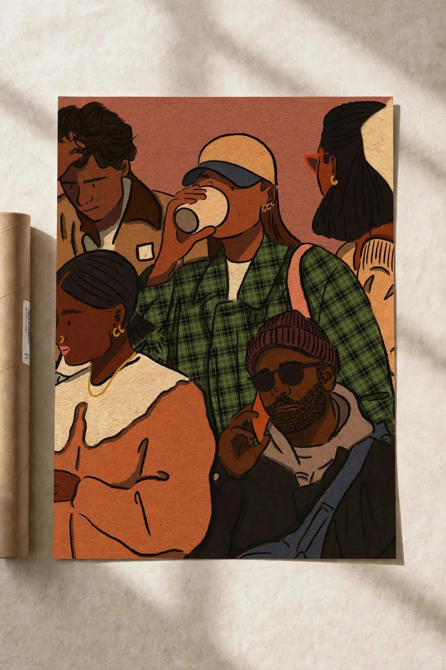 City Faces poster with stylized crowd portraits of people wearing hats on warm orange