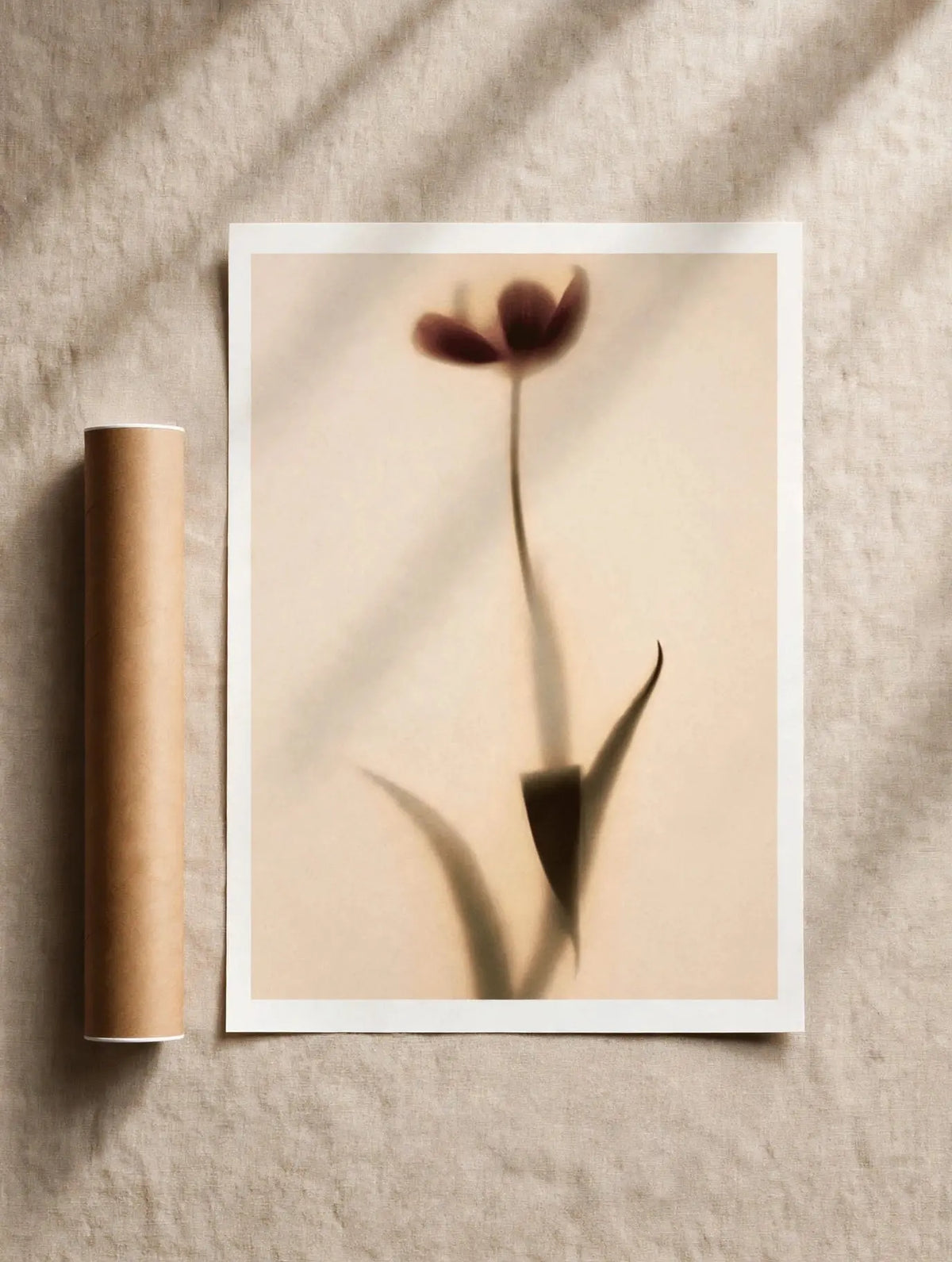 Soft flower art print with a single brown bloom and thin stem, minimal botanical style