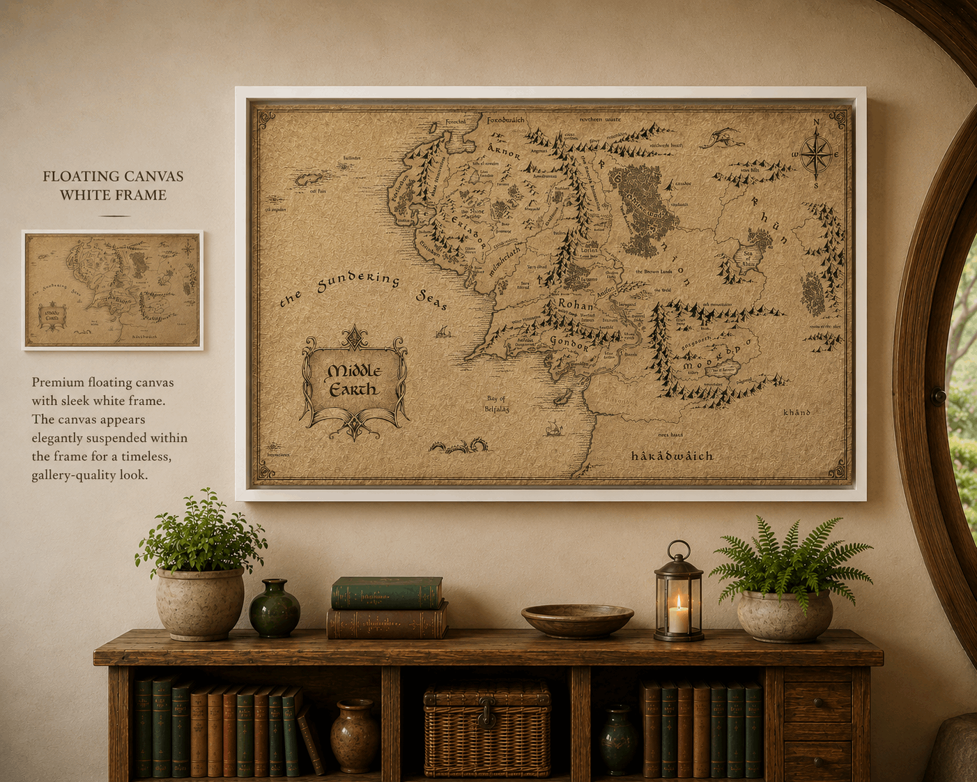 White-framed floating canvas fantasy map on parchment with compass rose
